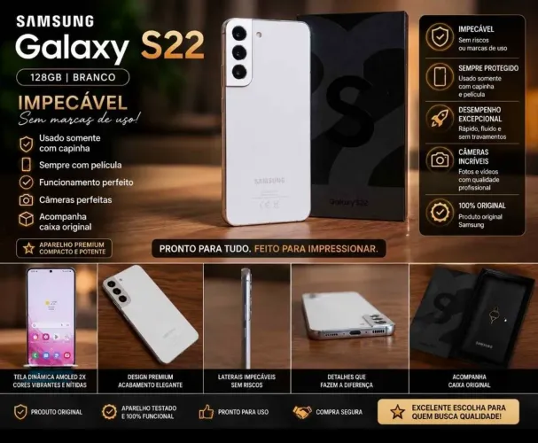 Samsung Galaxy S22 128GB Branco - Impecável, Sem Marcas de Uso