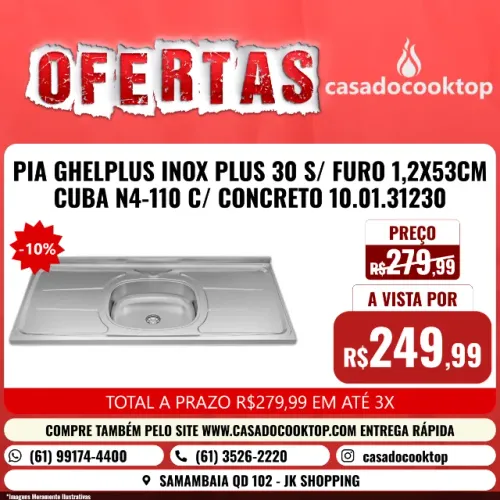 PIA GHELPLUS INOX PLUS 30 S/ FURO 1,2X53CM CUBA N4-110 C/ CONCRETO 10.01.31230