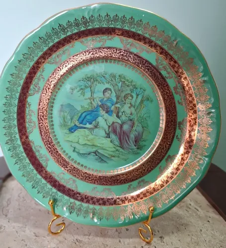 Prato Decorativo Verde-Esmeralda com Suporte 