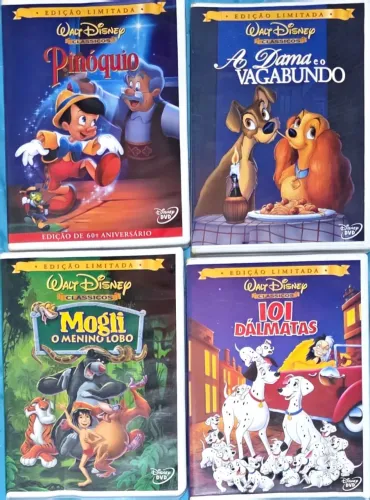 DVDS Disney Pinóquio, Mogli, 101 Dálmatas e A Dama e o Vagabundo Edição Limitada