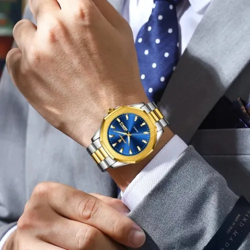 Relógio masculino poedagar- Aço inoxidável- detalhe ouro