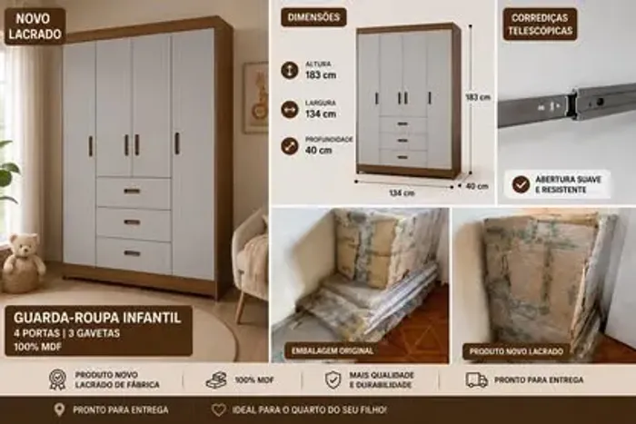 Guarda-Roupa Infantil Novo Lacrado 100% MDF 4 Portas