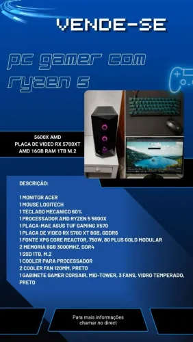 Pc gamer rayzen 5 com rx 5700xt 16gb
