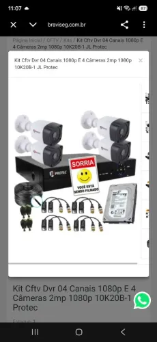 Kit completo 4 câmeras de segurança HD 720p com gravação e visualização pelo celular.