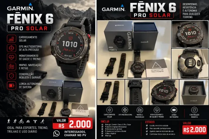 Garmin Fenix 6 Pro Solar + Caixa e Pulseiras Extras