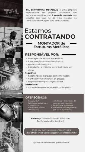VAGA CLT MONTADOR DE ESTRUTURAS METÁLICAS