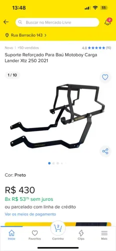 Suporte Reforçado Para Baú Motoboy Carga Lander Xtz 250 2021 a 2025