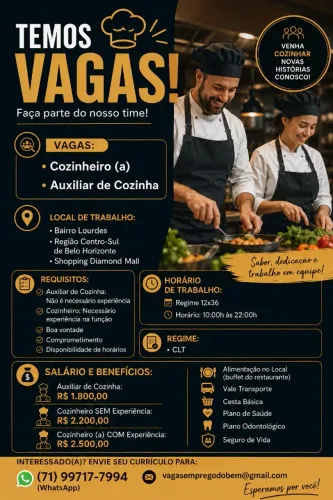 Cozinheiro e Auxiliar de cozinha - Belo Horizontes