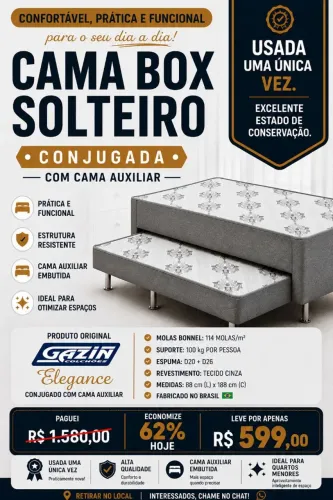 Cama box solteiro conjugada com cama auxiliar.