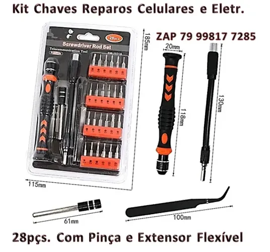 Kit Chaves P/ Reparos Celulares E Eletrônicos 28pçs. Com Pinça e Extensor Flexível