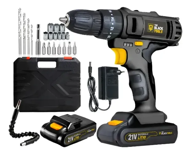 FURADEIRA/PARAFUSADEIRA A BATERIA DE LITIO 21V COM MALETA E ACESSORIOS THE BLACK TOOLS - T