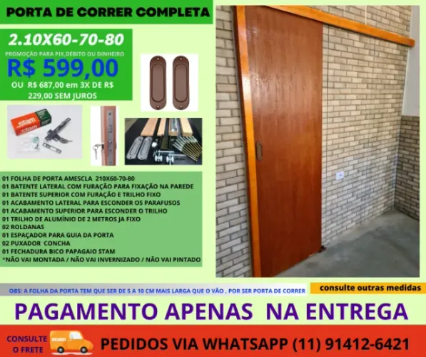 Porta de Correr suspença 2.10x70 - modelo tek - pagamento na entrega