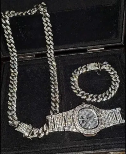 Kit Cordão Pulseira Relógio Cravejado Corrente Ice / Brilhante / Moda Masculina / Feminino