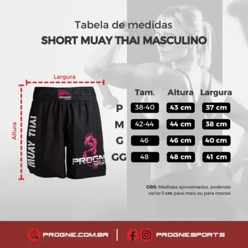 SHORT MUAY THAI MASCULINO PROGNE SPORTS PRETO
