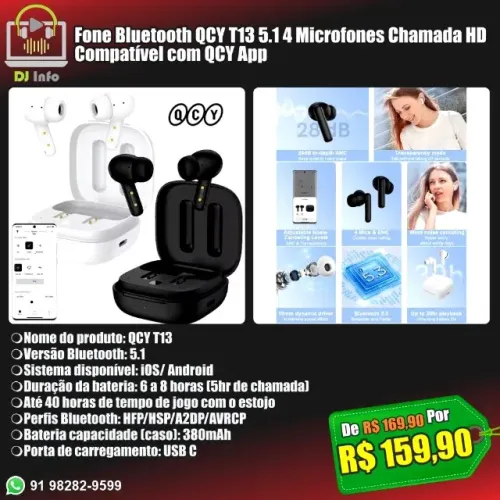 Fone Bluetooth QCY T13 5.1 4 Microfones Chamada HD Compatível com QCY App