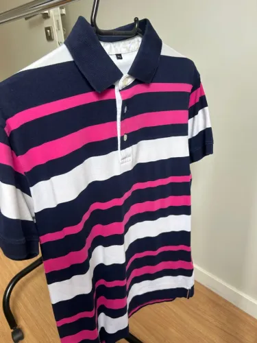 Camisa Polo Listrada Azul, Rosa e Branca