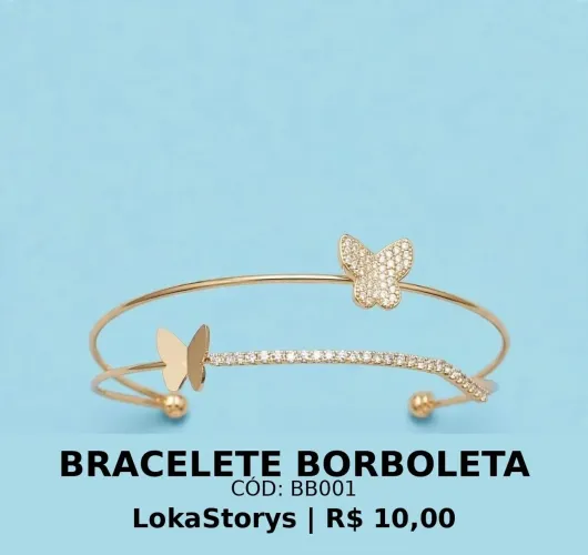 Bracelete com borboleta e coração e strass