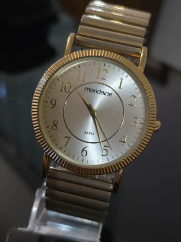 Relógio Mondaine 40mm Dourado Pulseira Metálica Flexível Vintage Original anos 90 grande