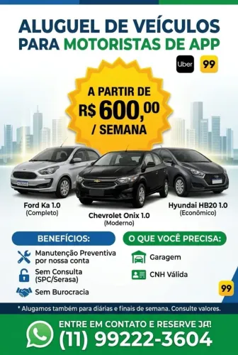 Locação para uber 99 - Sem burocracia