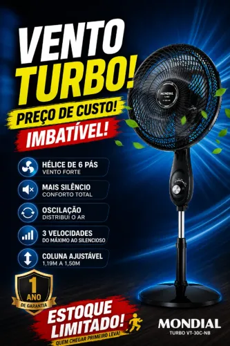 Ventilador de Coluna Mondial 30cm Turbo (VT-30C-NB) | 220V Novo