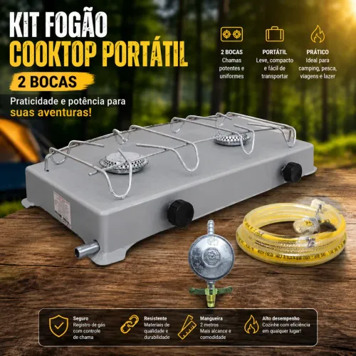 Fogão Fogareiro 2 Bocas Para Camping Portátil A Gás + mangueira e registro