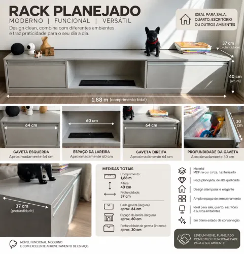 Rack Planejado MDF Cinza 1,88m - 2 Gavetões + Lareira Ecológica