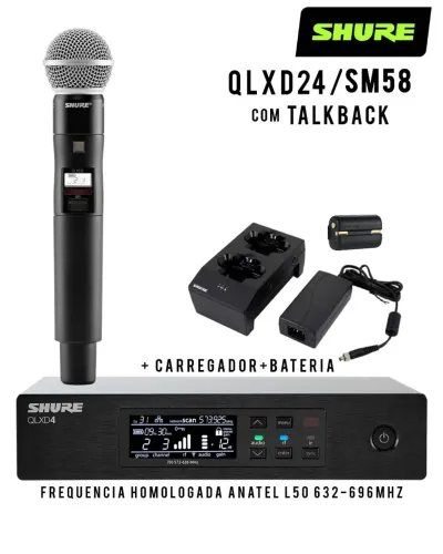 Microfone Sem Fio Profissional SHURE SLXD24/SM58 TalkBack + Bateria + Carregador