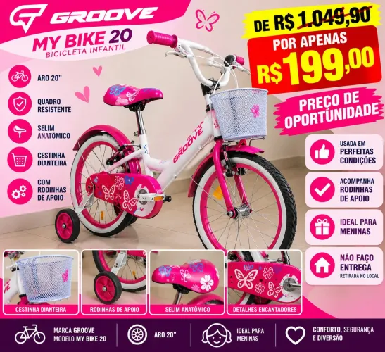 Bicicleta Infantil Groove My Bike Aro 20 com Rodinhas - R$ 199