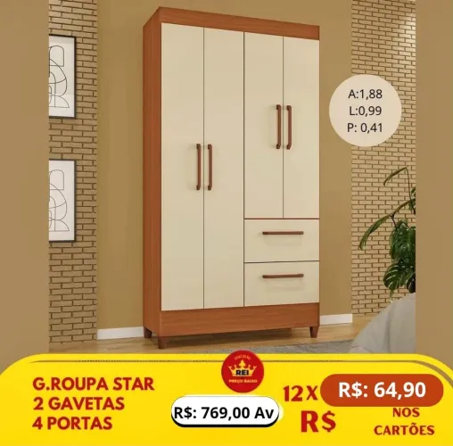 PROMOÇÃO URGENTE - Guarda-Roupa Star 100% MDF 4 PORTAS Canelato apenas 12x de R$64,90
