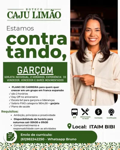 VAGA DE EMPREGO GARÇOM no ITAIM BIBI com experiência