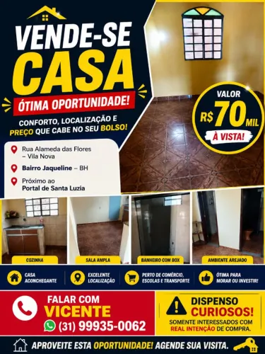 Vende se casa no bairro Jaqueline-BH/MG, próximo ao cemitério da consolação.