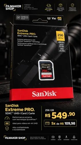 Cartão SD SanDisk Extreme PRO 256GB UHS-I V30 U3 4K 200MB/s