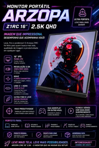 MONITOR PORTÁTIL ARZOPA 16" 2.5K QHD