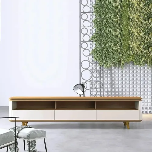 Rack para Sala Pés em Madeira Maciça Imcal 3 Gavetas MDF/MDP 1.8 Off White/Nature<br>
