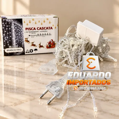 A Prova D'água Pisca-Pisca Cascata 3 Metros, 96 LEDs Branco Frio, 8 Funções