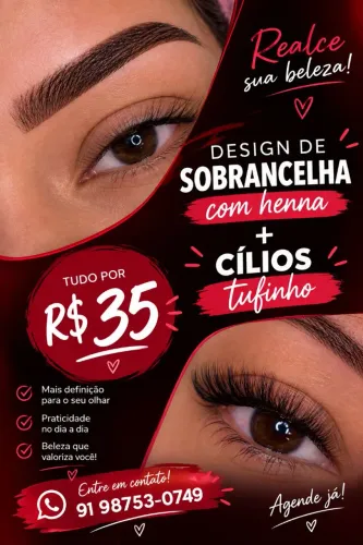 Design de sobrancelhas com henna e cílios tufinho