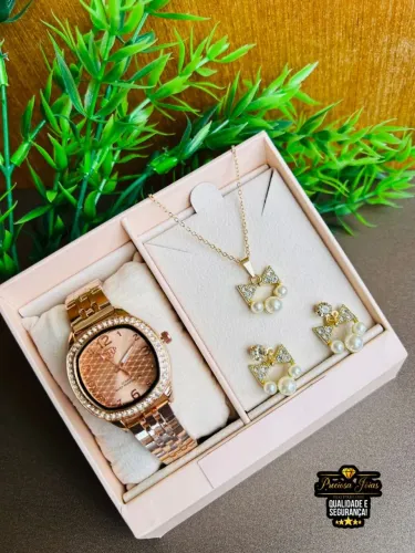 Elegância e Estilo: Relógio Feminino Resistente à Água + Acessórios Folheados