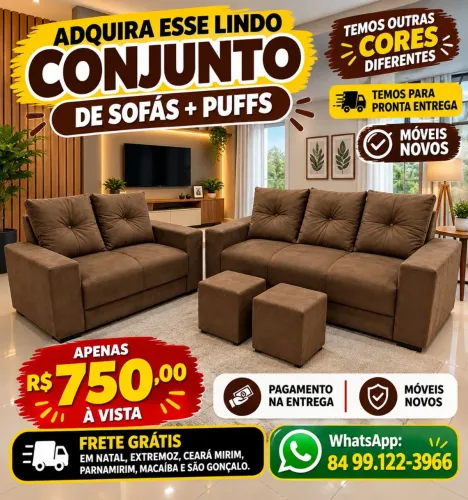 Lindos sofás de 2 e 3 lugares, acompanha os puffs, entrega grátis para você.