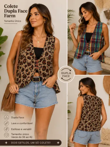 Colete Cropped FARM Original Dupla Face Animal Print/Xadrez Tamanho Único
