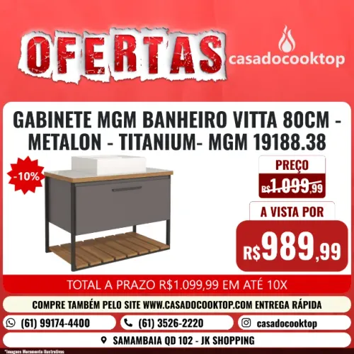 GABINETE MGM BANHEIRO VITTA 80CM - METALON - TITANIUM- MGM 19188.38