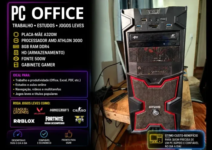 PC OFFICE ESTUDOS AMD AM4 8GB DDR4 A320M GABINETE GAMER