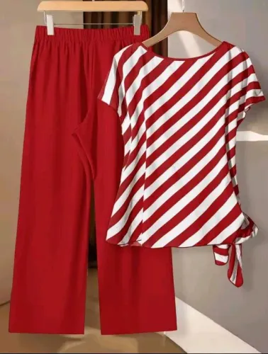 Conjunto Casual de 2 Peças com Decote em V e Listras, Manga Curta, Plus Size, Verão
