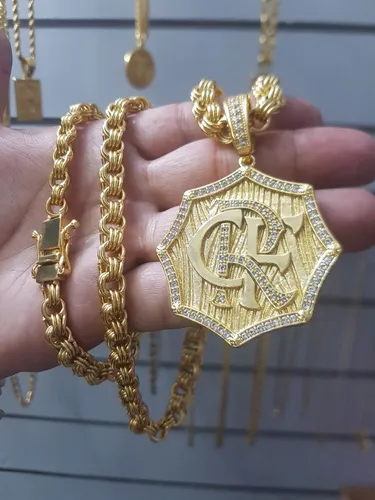 Cordão Flamengo Friso triplo 10mm pingente Crf  cravejado e banhado a Ouro 18k