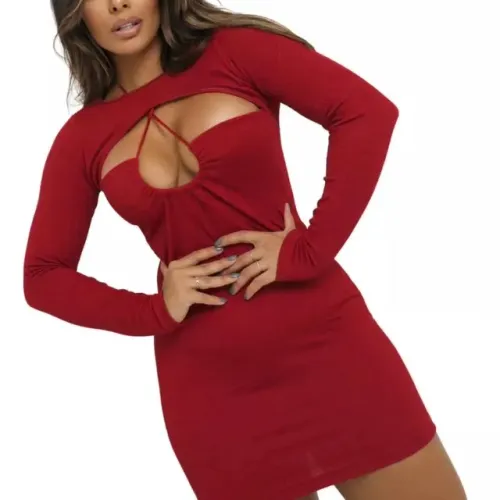 Vestido maravilhoso manga longa preto e vermelho com recortes busto.