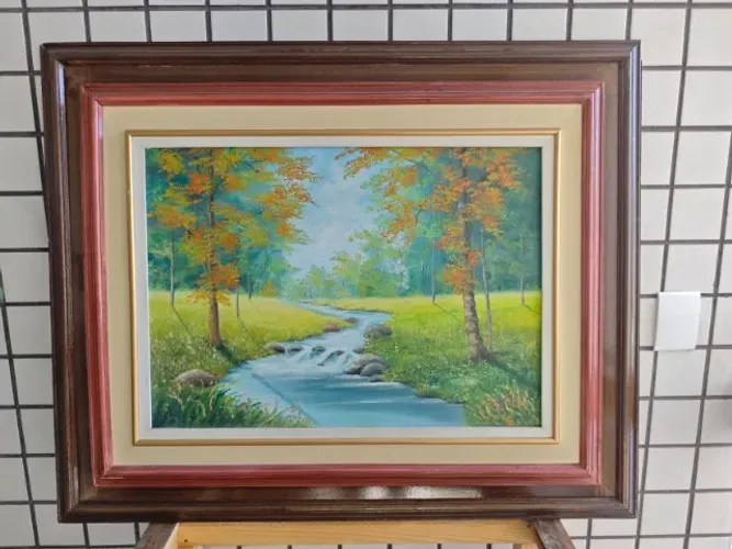 Quadro Tinta A Óleo - Paisagem Com Rio e Campo - 1992