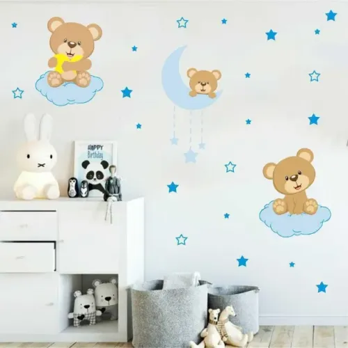 Adesivo de Parede Urso na Lua e Nuvens Decorativo quarto de bebê