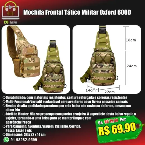 Mochila Frontal Tático Militar Oxford 600D