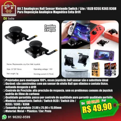 Kit 2 Analógicos Hall Sensor Nintendo Switch / Lite / OLED R35S R36S R36H