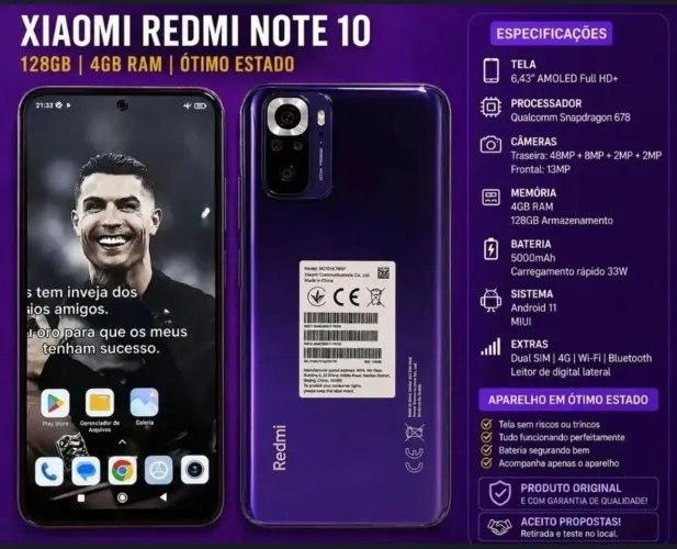 Xiaomi Redmi Note 10 128GB | 8GB RAM | Excelente Estado | Tela AMOLED.