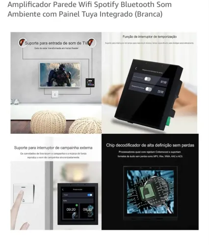 Amplificador Parede Wifi Spotify Bluetooth Som Ambiente com Painel Tuya Integrado (Branca)